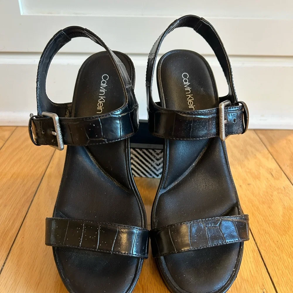 Calvin Klein Glossy Black Croc Wedge Sandals